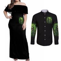 Viking Skull Couples Matching Off Shoulder Maxi Dress and Long Sleeve Button Shirt If Your Path Demnads You Walk Through Hell Walk As If You Own The Place - Wonder Print Shop