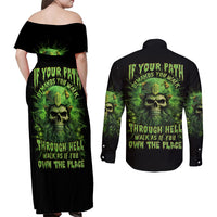 Viking Skull Couples Matching Off Shoulder Maxi Dress and Long Sleeve Button Shirt If Your Path Demnads You Walk Through Hell Walk As If You Own The Place - Wonder Print Shop