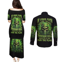 Viking Skull Couples Matching Puletasi and Long Sleeve Button Shirt If Your Path Demnads You Walk Through Hell Walk As If You Own The Place - Wonder Print Shop