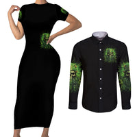 Viking Skull Couples Matching Short Sleeve Bodycon Dress and Long Sleeve Button Shirt If Your Path Demnads You Walk Through Hell Walk As If You Own The Place - Wonder Print Shop