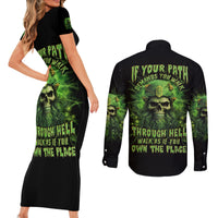 Viking Skull Couples Matching Short Sleeve Bodycon Dress and Long Sleeve Button Shirt If Your Path Demnads You Walk Through Hell Walk As If You Own The Place - Wonder Print Shop