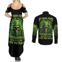 Viking Skull Couples Matching Summer Maxi Dress and Long Sleeve Button Shirt If Your Path Demnads You Walk Through Hell Walk As If You Own The Place - Wonder Print Shop