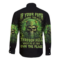 Viking Skull Long Sleeve Button Shirt If Your Path Demnads You Walk Through Hell Walk As If You Own The Place - Wonder Print Shop
