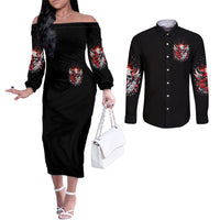 Devil Skull Couples Matching Off The Shoulder Long Sleeve Dress and Long Sleeve Button Shirt In Every Angel A Demon Hides And In Every Demon An Angel Strides