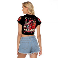 Devil Skull Raglan Cropped T Shirt Stuck Between IDK IDC and IDGAF - Wonder Print Shop