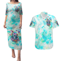 Flower Skull Couples Matching Puletasi and Hawaiian Shirt She Is Sunshine Mixed With A Little Hurricane - Wonder Print Shop