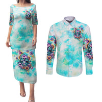 Flower Skull Couples Matching Puletasi and Long Sleeve Button Shirt She Is Sunshine Mixed With A Little Hurricane - Wonder Print Shop
