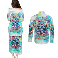 Flower Skull Couples Matching Puletasi and Long Sleeve Button Shirt She Is Sunshine Mixed With A Little Hurricane - Wonder Print Shop