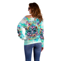 Flower Skull Off Shoulder Sweater She Is Sunshine Mixed With A Little Hurricane - Wonder Print Shop