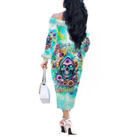Flower Skull Off The Shoulder Long Sleeve Dress She Is Sunshine Mixed With A Little Hurricane - Wonder Print Shop