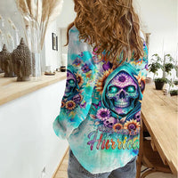 Flower Skull Women Casual Shirt She Is Sunshine Mixed With A Little Hurricane - Wonder Print Shop