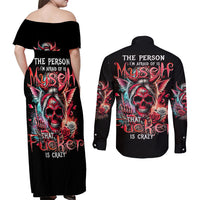 Devil Skull Couples Matching Off Shoulder Maxi Dress and Long Sleeve Button Shirt The Perseon I Afraid Of Is Myself That Fucker Is Crazy - Wonder Print Shop