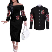 Devil Skull Couples Matching Off The Shoulder Long Sleeve Dress and Long Sleeve Button Shirt The Perseon I Afraid Of Is Myself That Fucker Is Crazy