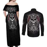 Skull Couples Matching Off Shoulder Maxi Dress and Long Sleeve Button Shirts Ethereal Reapers Skull-Faced Death Angels - Wonder Print Shop