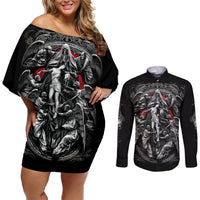 Skull Couples Matching Off Shoulder Short Dress and Long Sleeve Button Shirts Ethereal Reapers Skull-Faced Death Angels - Wonder Print Shop