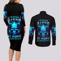 Flame Skull Couples Matching Long Sleeve Bodycon Dress and Long Sleeve Button Shirts I'm Never Alone My Demons With Me 24/7 - Wonder Print Shop