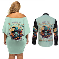 Witch Skull Couples Matching Off Shoulder Short Dress and Long Sleeve Button Shirts Buckle Up Buttercup You Just FLipped My Witch Switch - Wonder Print Shop
