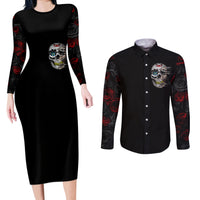 Dia De Muertos Couples Matching Long Sleeve Bodycon Dress and Long Sleeve Button Shirts Day Of The Death Rose Skull - Wonder Print Shop