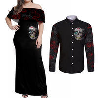 Dia De Muertos Couples Matching Off Shoulder Maxi Dress and Long Sleeve Button Shirts Day Of The Death Rose Skull - Wonder Print Shop