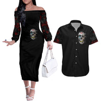 Dia De Muertos Couples Matching Off The Shoulder Long Sleeve Dress and Hawaiian Shirt Day Of The Death Rose Skull - Wonder Print Shop
