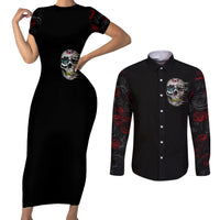Dia De Muertos Couples Matching Short Sleeve Bodycon Dress and Long Sleeve Button Shirts Day Of The Death Rose Skull - Wonder Print Shop