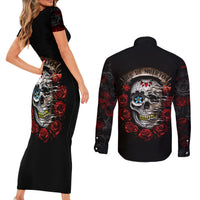 Dia De Muertos Couples Matching Short Sleeve Bodycon Dress and Long Sleeve Button Shirts Day Of The Death Rose Skull - Wonder Print Shop