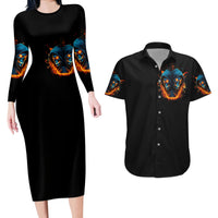 Double Fire Skull Couples Matching Long Sleeve Bodycon Dress and Hawaiian Shirt I Have 3 Side Quite Funny And The Side You Never Want To See - Wonder Print Shop