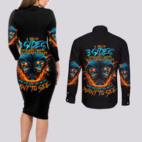 Double Fire Skull Couples Matching Long Sleeve Bodycon Dress and Long Sleeve Button Shirts I Have 3 Side Quite Funny And The Side You Never Want To See - Wonder Print Shop