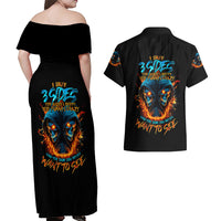 Double Fire Skull Couples Matching Off Shoulder Maxi Dress and Hawaiian Shirt I Have 3 Side Quite Funny And The Side You Never Want To See - Wonder Print Shop