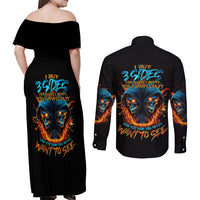 Double Fire Skull Couples Matching Off Shoulder Maxi Dress and Long Sleeve Button Shirts I Have 3 Side Quite Funny And The Side You Never Want To See - Wonder Print Shop