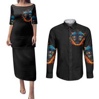 Double Fire Skull Couples Matching Puletasi Dress and Long Sleeve Button Shirts I Have 3 Side Quite Funny And The Side You Never Want To See - Wonder Print Shop