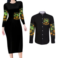 Pumpkin Skull Couples Matching Long Sleeve Bodycon Dress and Long Sleeve Button Shirts Drink Up Witches - Wonder Print Shop