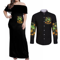 Pumpkin Skull Couples Matching Off Shoulder Maxi Dress and Long Sleeve Button Shirts Drink Up Witches - Wonder Print Shop