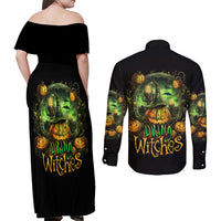 Pumpkin Skull Couples Matching Off Shoulder Maxi Dress and Long Sleeve Button Shirts Drink Up Witches - Wonder Print Shop