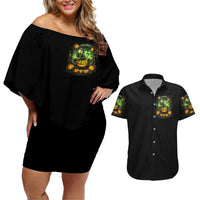 Pumpkin Skull Couples Matching Off Shoulder Short Dress and Hawaiian Shirt Drink Up Witches - Wonder Print Shop