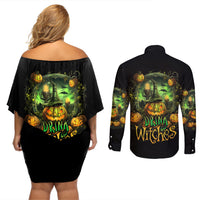 Pumpkin Skull Couples Matching Off Shoulder Short Dress and Long Sleeve Button Shirts Drink Up Witches - Wonder Print Shop