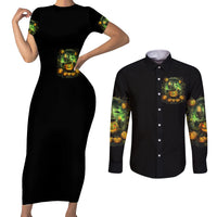 Pumpkin Skull Couples Matching Short Sleeve Bodycon Dress and Long Sleeve Button Shirts Drink Up Witches - Wonder Print Shop