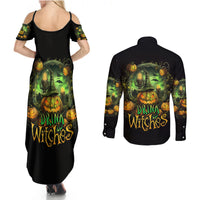 Pumpkin Skull Couples Matching Summer Maxi Dress and Long Sleeve Button Shirts Drink Up Witches - Wonder Print Shop