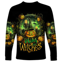 Pumpkin Skull Long Sleeve Shirt Drink Up Witches - Wonder Print Shop