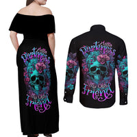 Flower Skull Couples Matching Off Shoulder Maxi Dress and Long Sleeve Button Shirts Hello Darkness My Old Friend - Wonder Print Shop
