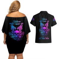 Wings Skull Couples Matching Off Shoulder Short Dress and Hawaiian Shirt Heaven Don't Want Me Hell Afraid I Take Over - Wonder Print Shop
