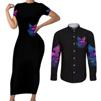 Wings Skull Couples Matching Short Sleeve Bodycon Dress and Long Sleeve Button Shirts Heaven Don't Want Me Hell Afraid I Take Over - Wonder Print Shop