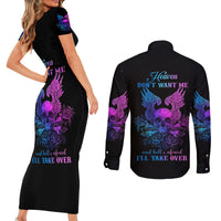 Wings Skull Couples Matching Short Sleeve Bodycon Dress and Long Sleeve Button Shirts Heaven Don't Want Me Hell Afraid I Take Over - Wonder Print Shop