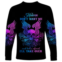 Wings Skull Long Sleeve Shirt Heaven Don't Want Me Hell Afraid I Take Over - Wonder Print Shop