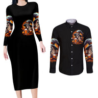 Witch Skull Couples Matching Long Sleeve Bodycon Dress and Long Sleeve Button Shirts Hello Darkness My Old Friend I Come To Drink With You - Wonder Print Shop