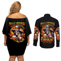 Witch Skull Couples Matching Off Shoulder Short Dress and Long Sleeve Button Shirts Hello Darkness My Old Friend I Come To Drink With You - Wonder Print Shop