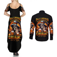Witch Skull Couples Matching Summer Maxi Dress and Long Sleeve Button Shirts Hello Darkness My Old Friend I Come To Drink With You - Wonder Print Shop