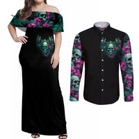 Tropical Skull Couples Matching Off Shoulder Maxi Dress and Long Sleeve Button Shirts I'm Blunt Because God Rolled Me That Way - Wonder Print Shop