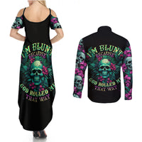 Tropical Skull Couples Matching Summer Maxi Dress and Long Sleeve Button Shirts I'm Blunt Because God Rolled Me That Way - Wonder Print Shop