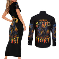Jack O Lantern Skull Couples Matching Short Sleeve Bodycon Dress and Long Sleeve Button Shirts I Can Fix Stupid But It's Gonna Hurt - Wonder Print Shop